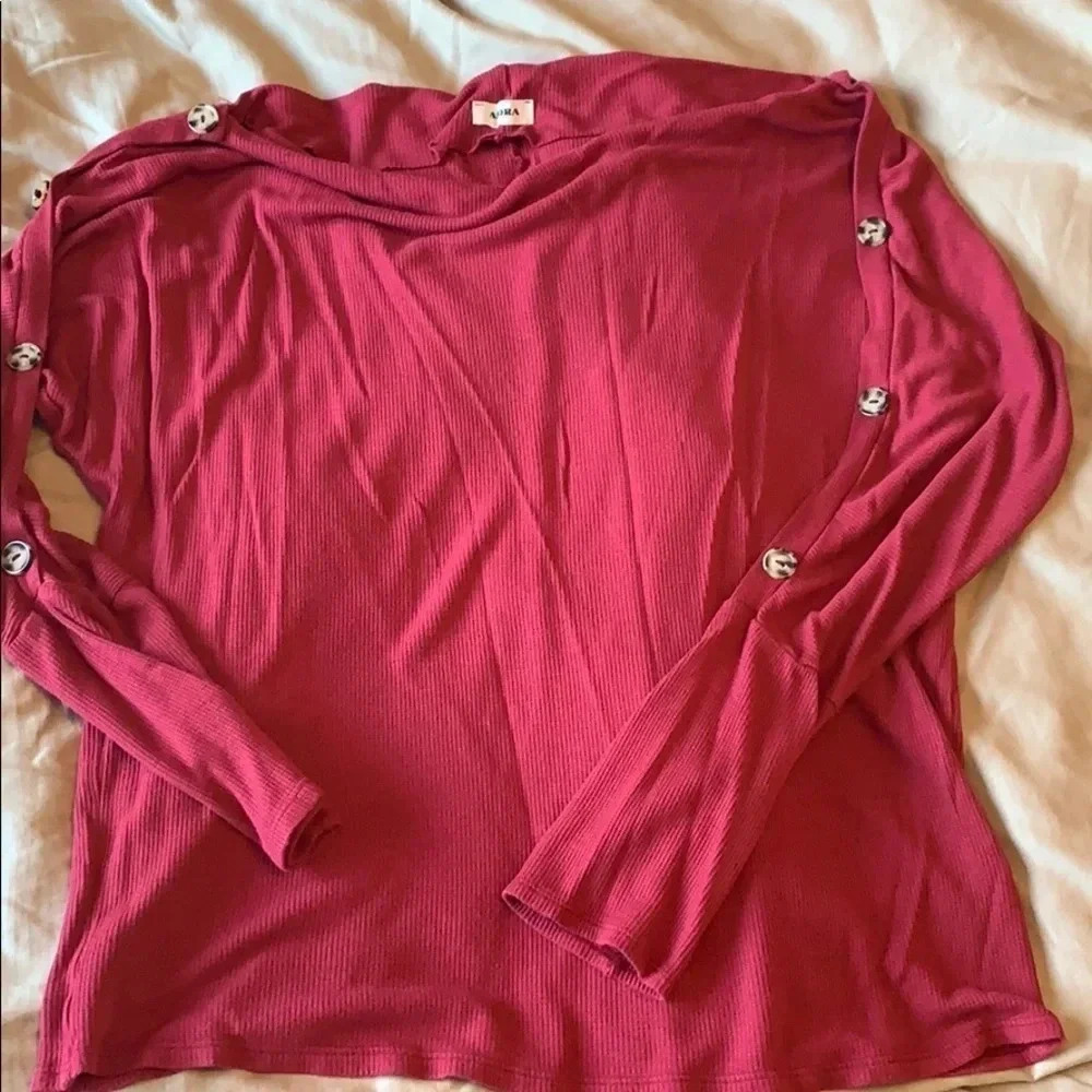 Maroon waffle boat neck top with button details, L